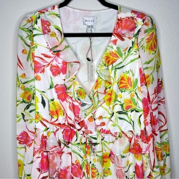 NWT Mini Dress Milly Nora Neon Botanical Ruffle Multi Color White Size 8 - Picture 6 of 16